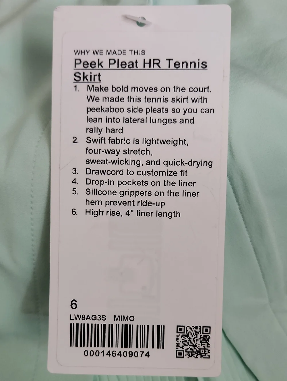 Lululemon Peek Pleat High-Rise Tennis Skirt in Mint Moment. Sz 6. NWT.#W8AG3S